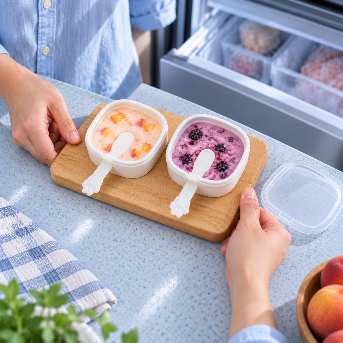 Two hands hold a wooden tray with two square molds, filled with fruit ice creams, near an open freezer.