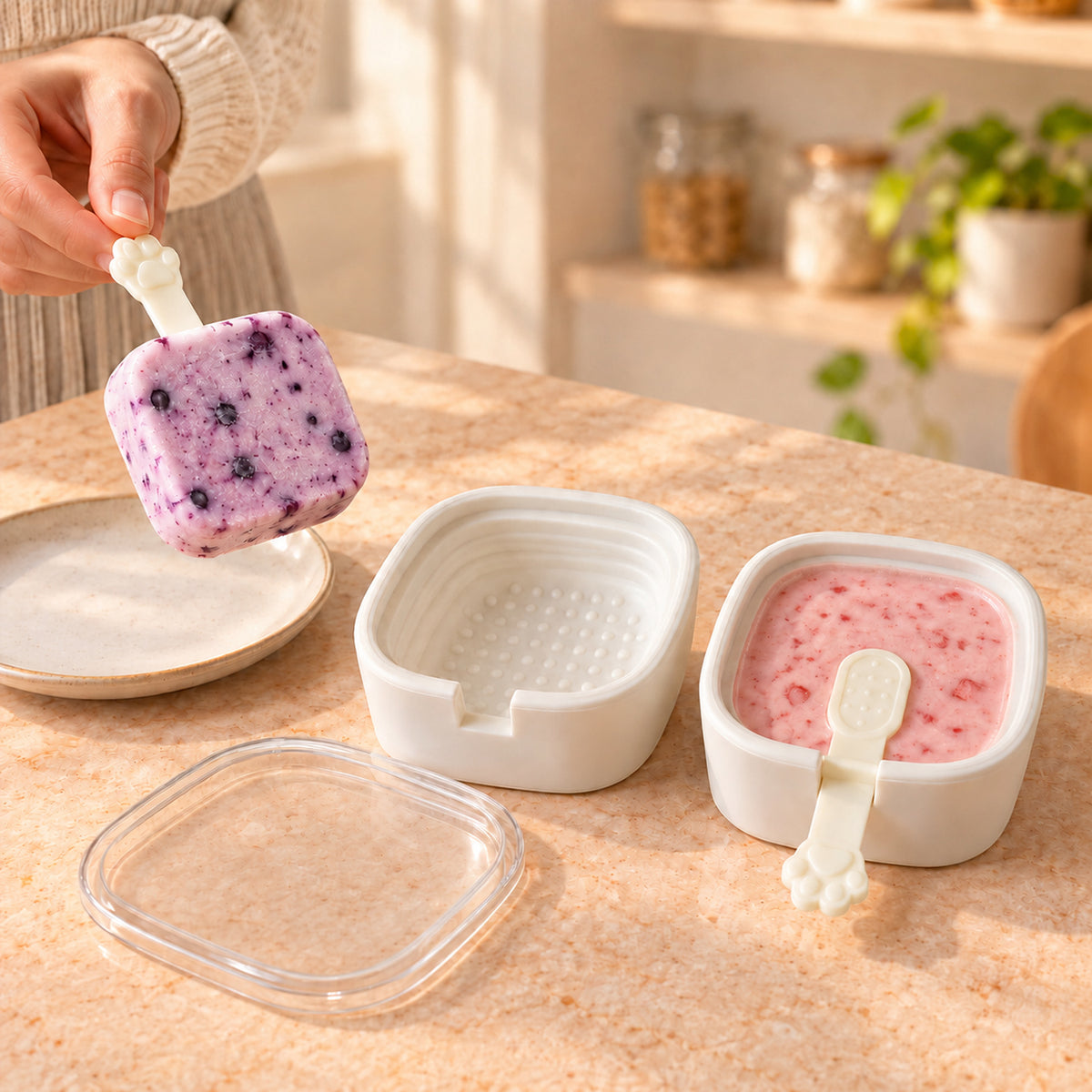 A hand removes a purple blueberry ice cream from a white square mold with a paw-shaped stick, beside a pink one.