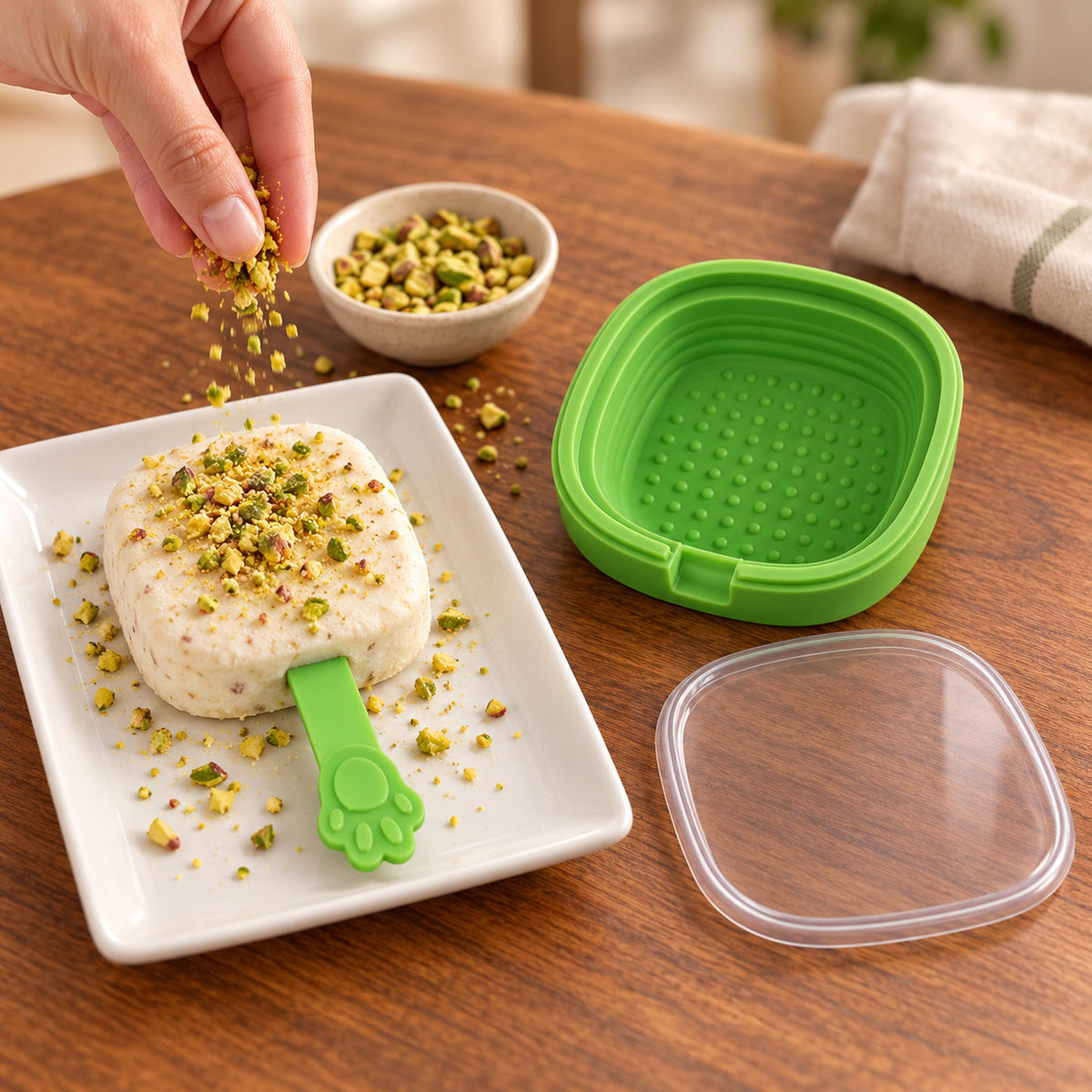 A hand sprinkles chopped pistachios on a square white ice cream bar with a green paw-shaped stick on a plate.