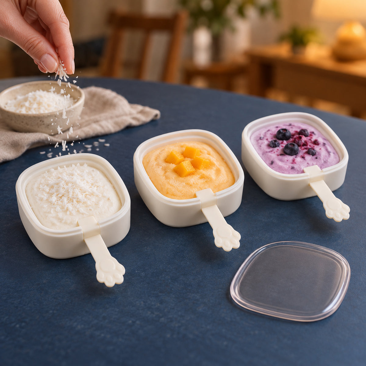 Three square molds with paw handles, filled with purees, one being sprinkled with white shredded coconut flakes.