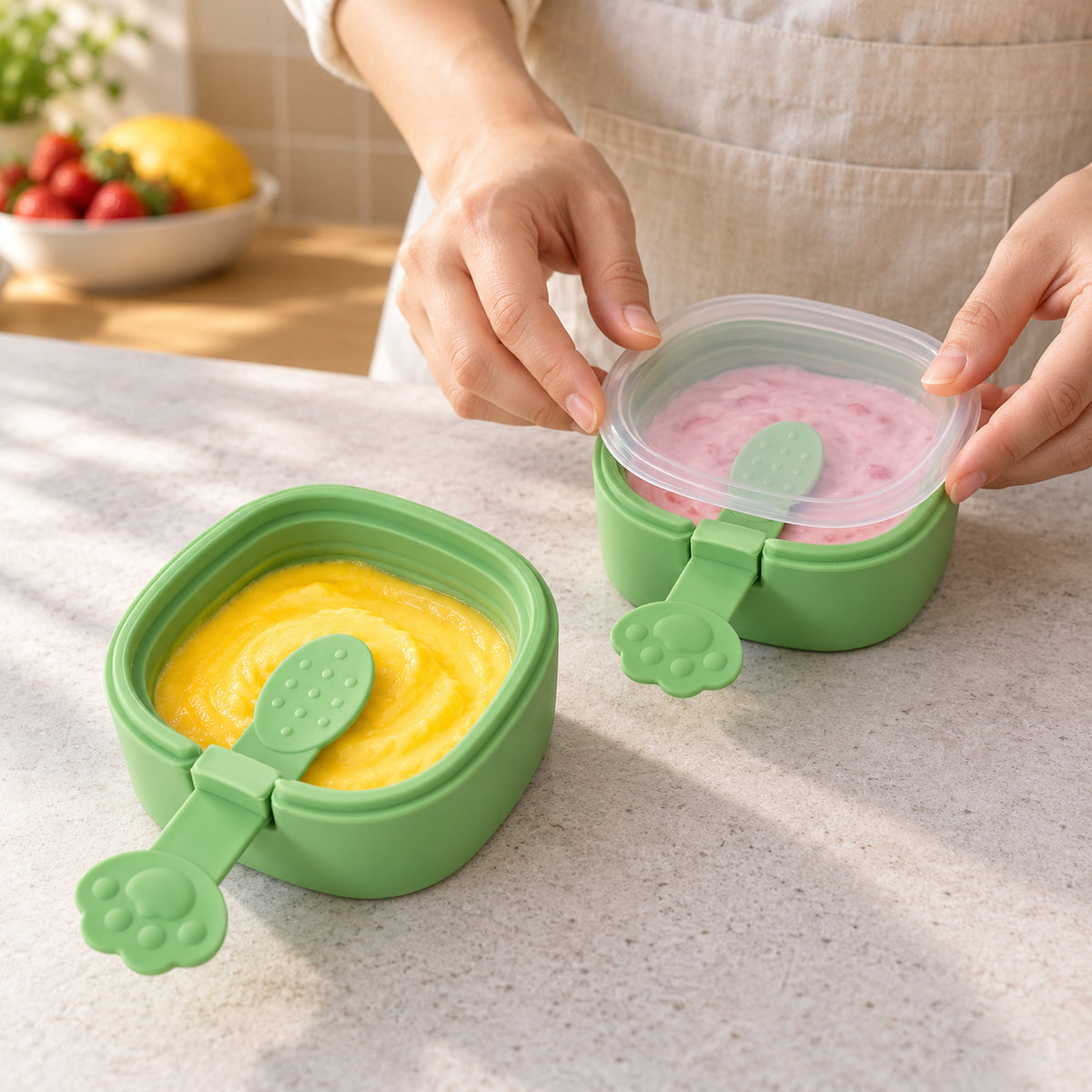 A person places a clear lid on a green square mold filled with pink dessert, next to another mold with yellow contents.