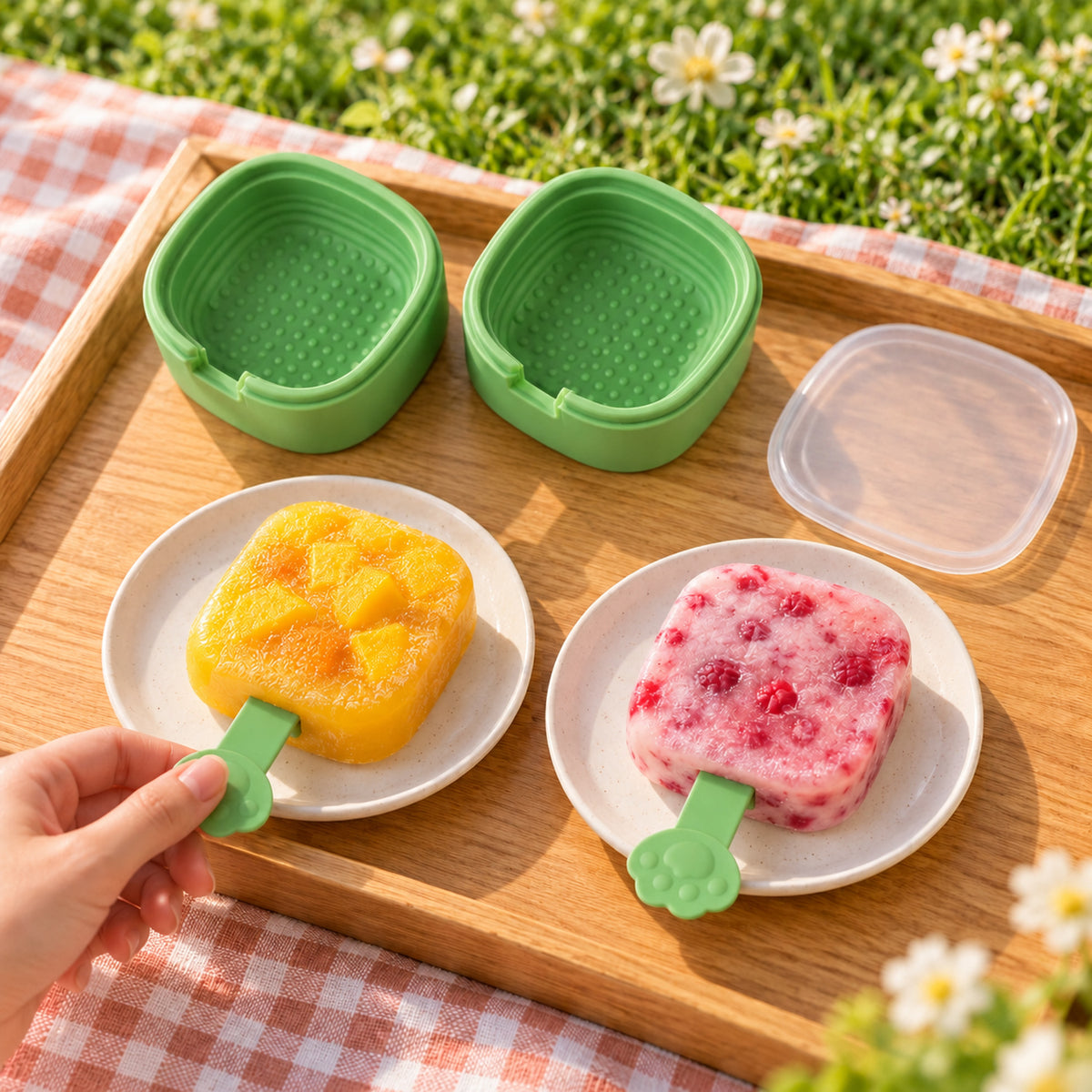 Two green square molds sit on a wooden tray with two frozen fruit bars on white plates, outdoors on a sunny day.