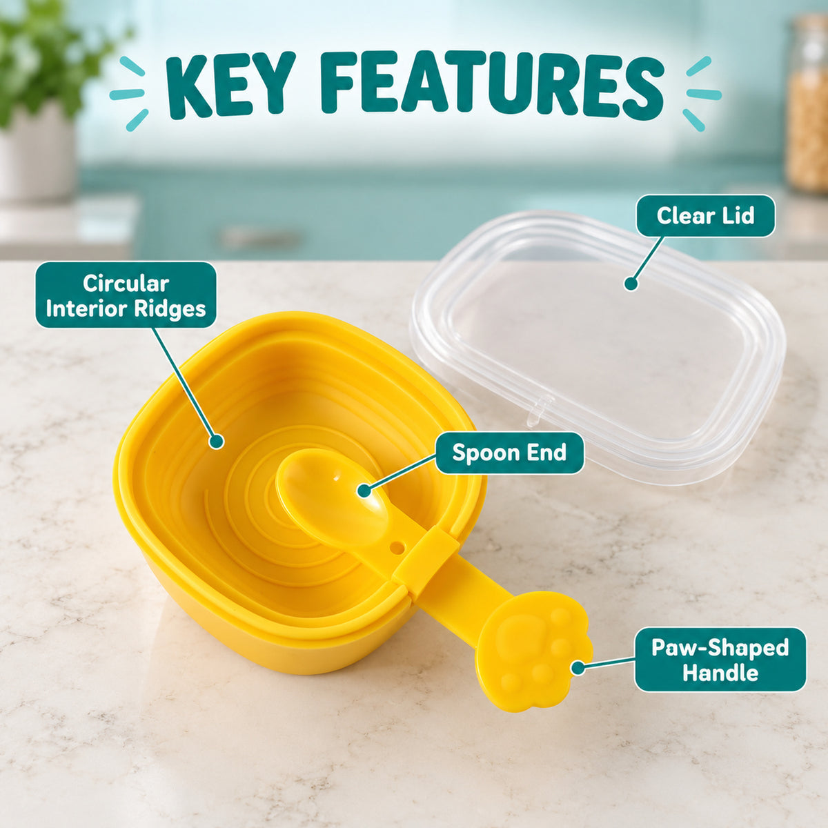 A yellow square mold with a paw-shaped spoon and a clear lid, highlighting its features with text labels.