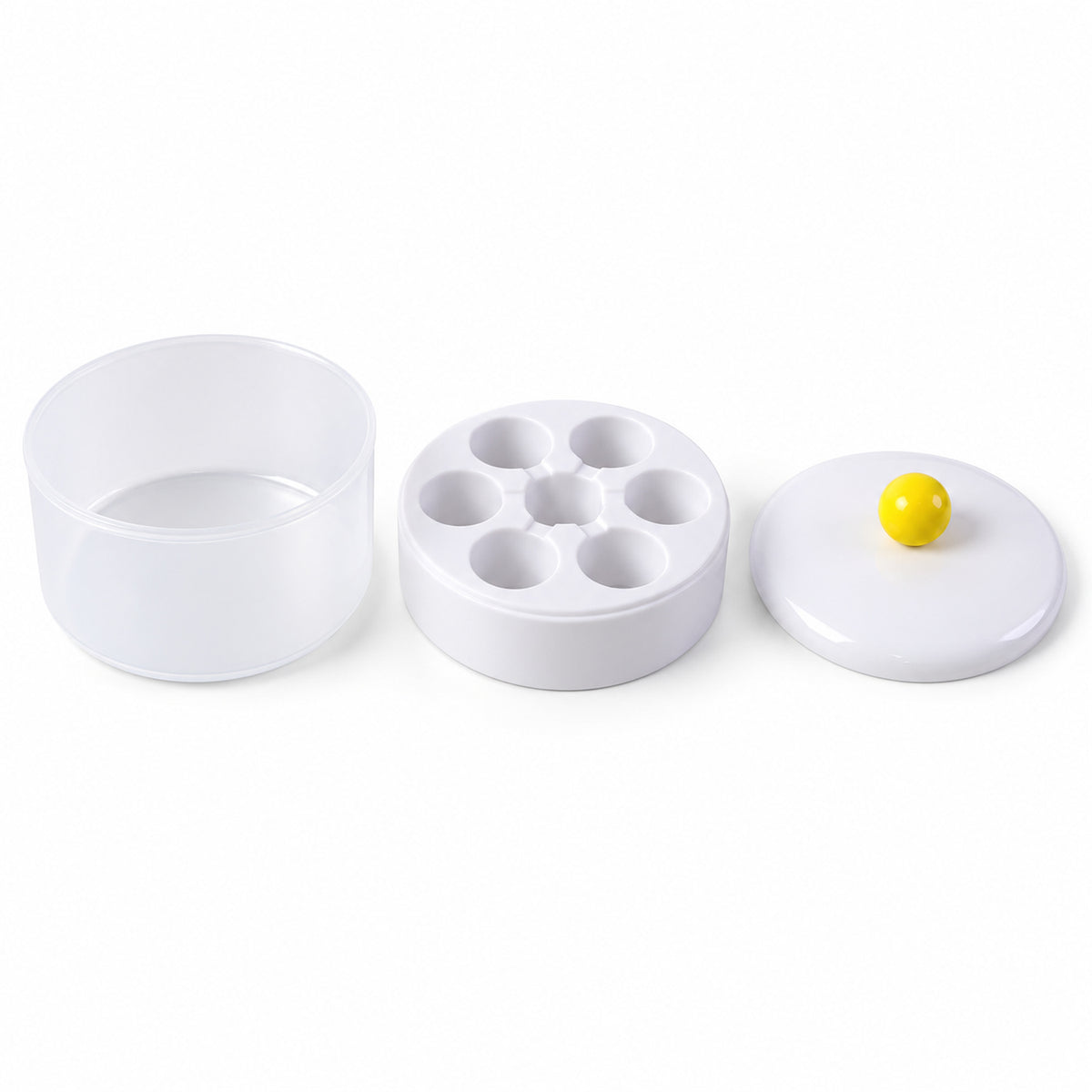 The white and translucent ice cube maker is shown disassembled into three parts on a plain white background.
