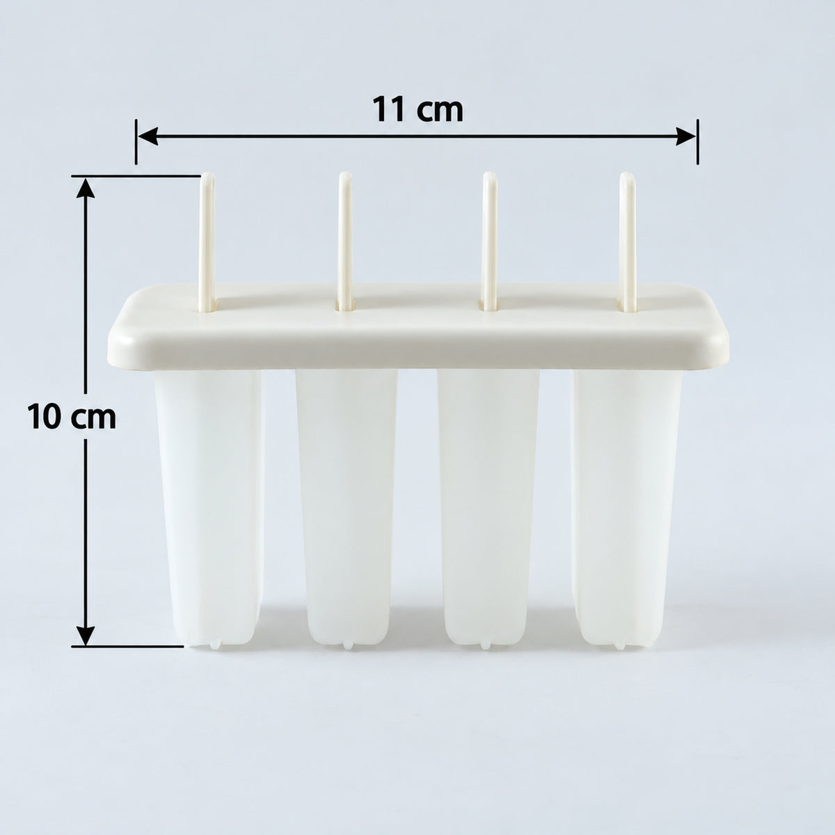 A white 4-cavity popsicle mold with sticks inserted, displaying its height of 10 cm and width of 11 cm with black arrows.