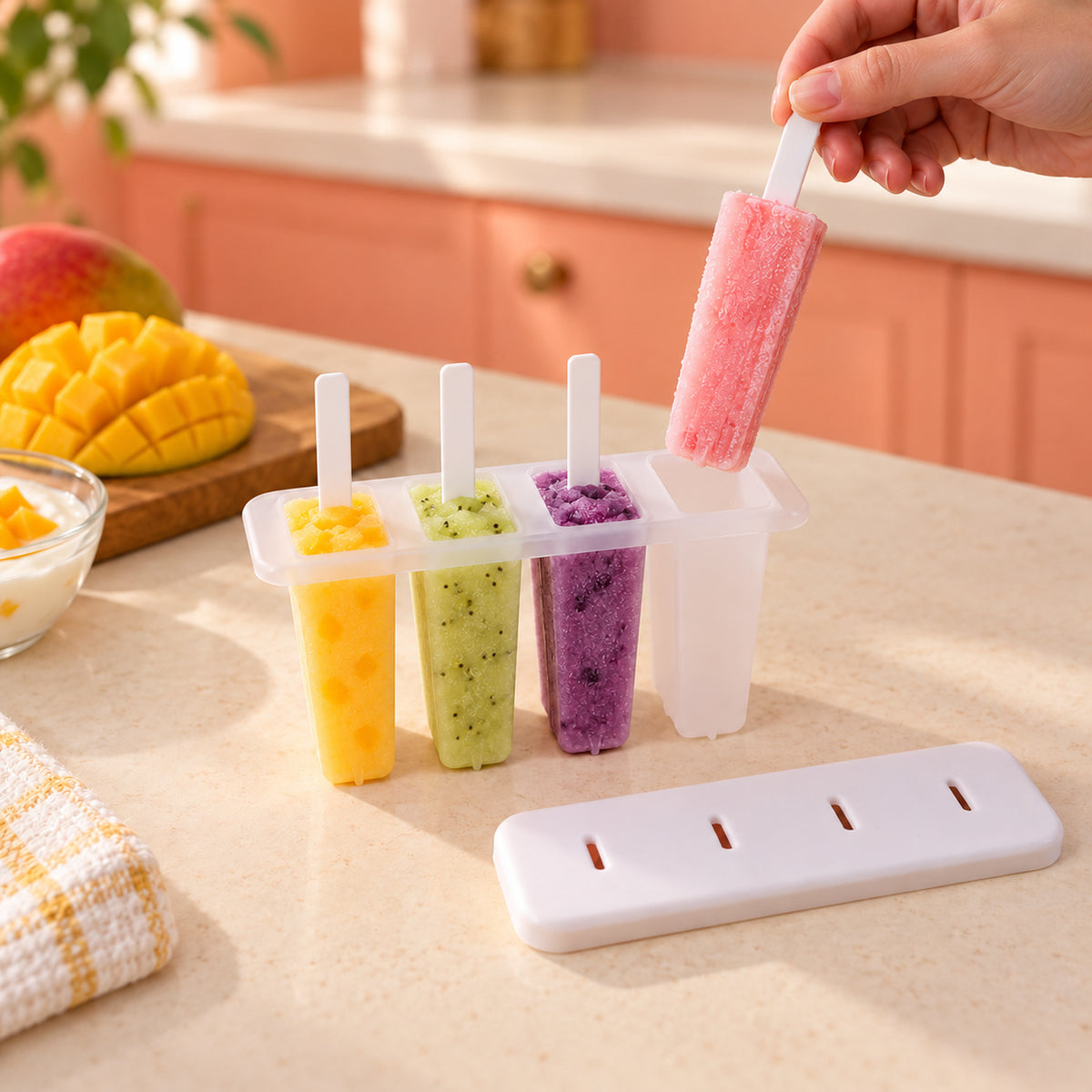 A hand removes a pink popsicle from a white 4-cavity mold, which holds three other colorful popsicles, on a kitchen counter.
