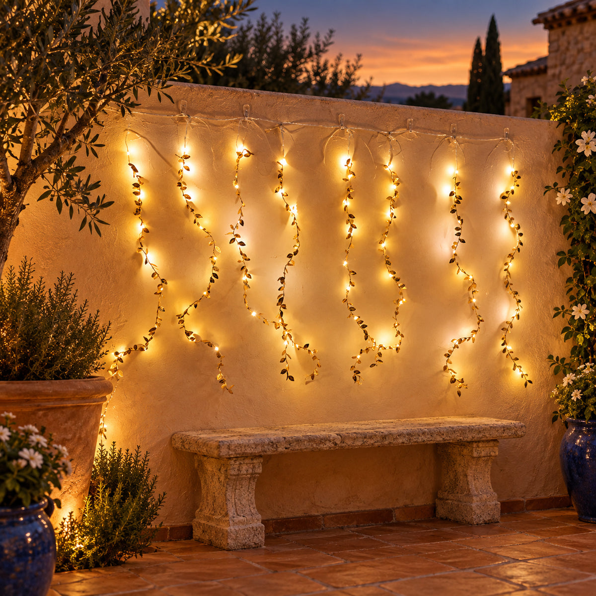Leaf string lights displayed against a wall