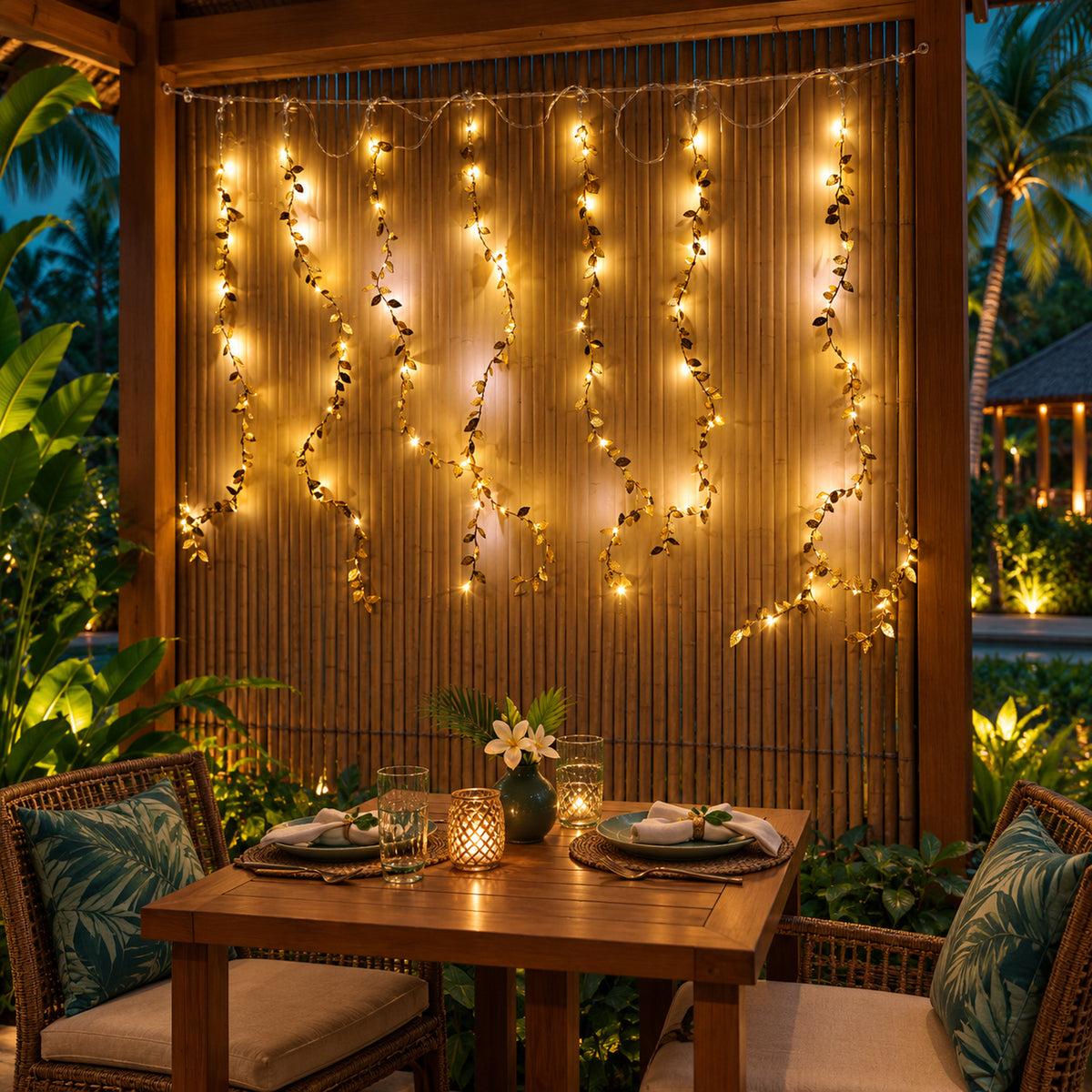 Leaf curtain lights behind a decorated table