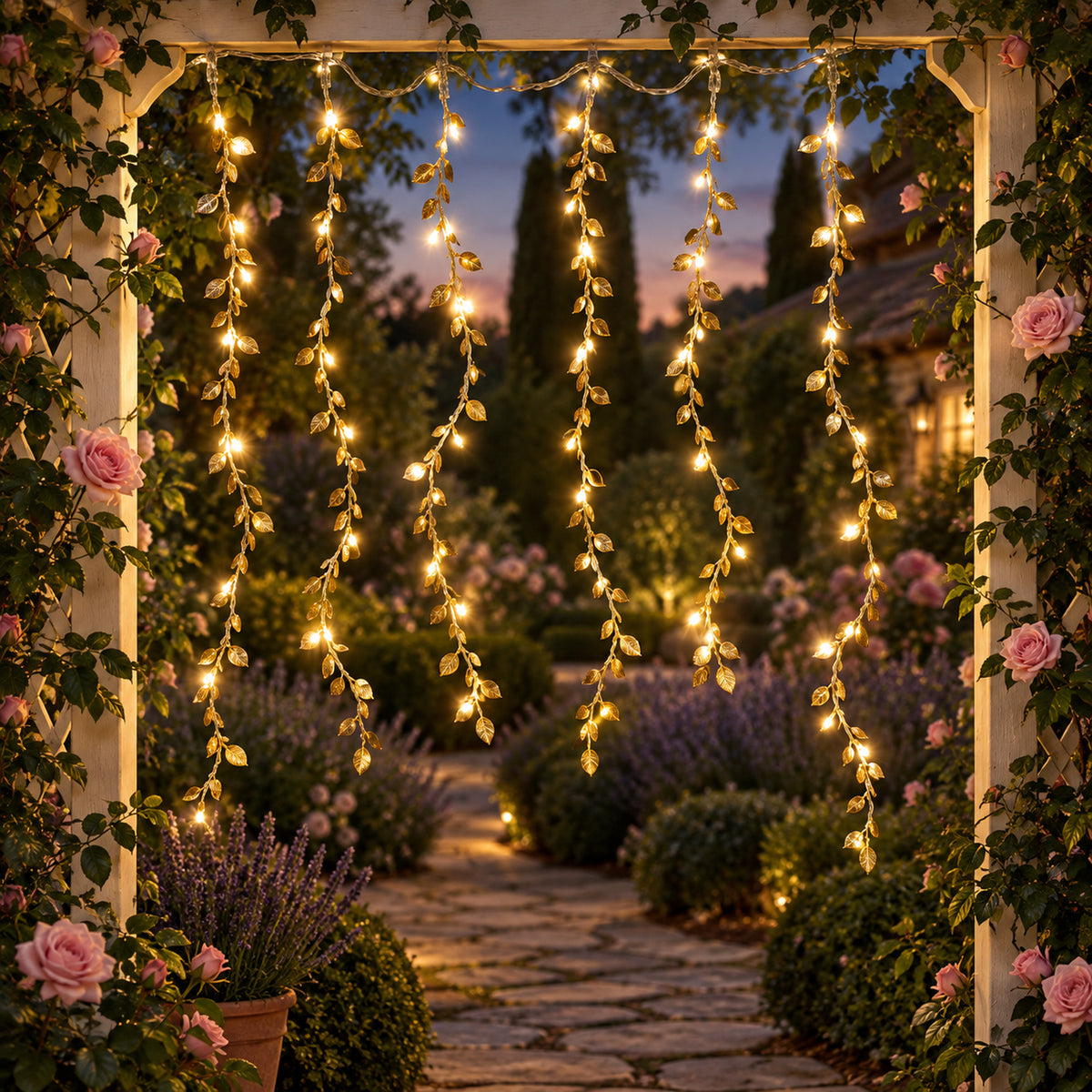 Leaf curtain lights decorating an arch