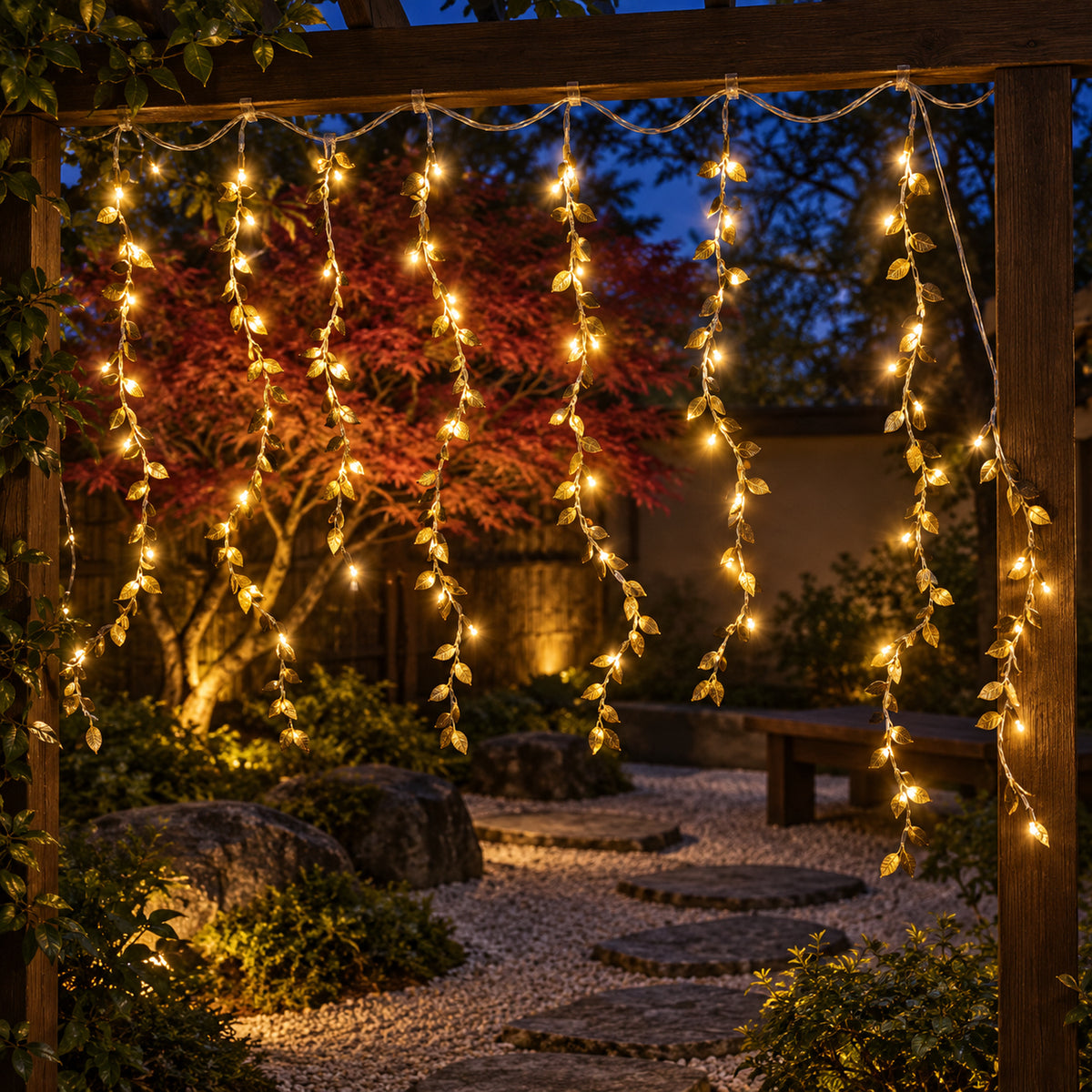 Hanging leaf lights in a decorative evening setting