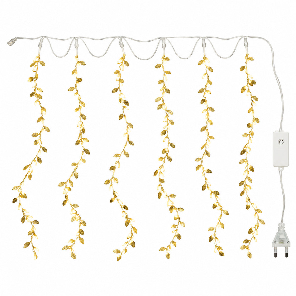 Leaf curtain light with plug and controller on white background