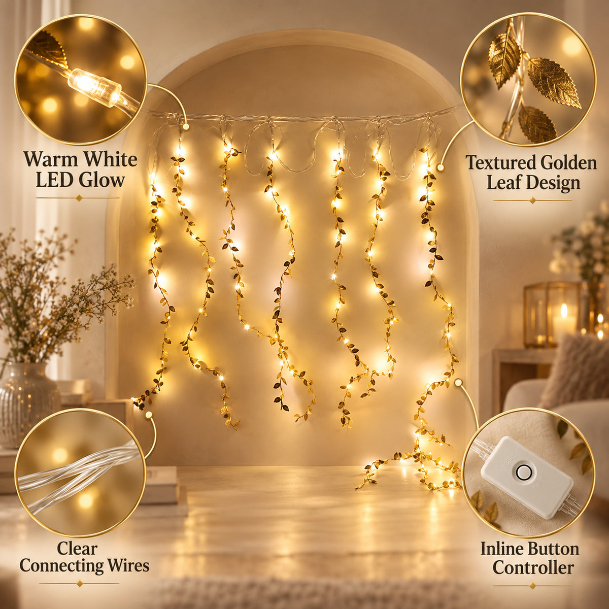 Leaf texture warm white LEDs and inline button controller details