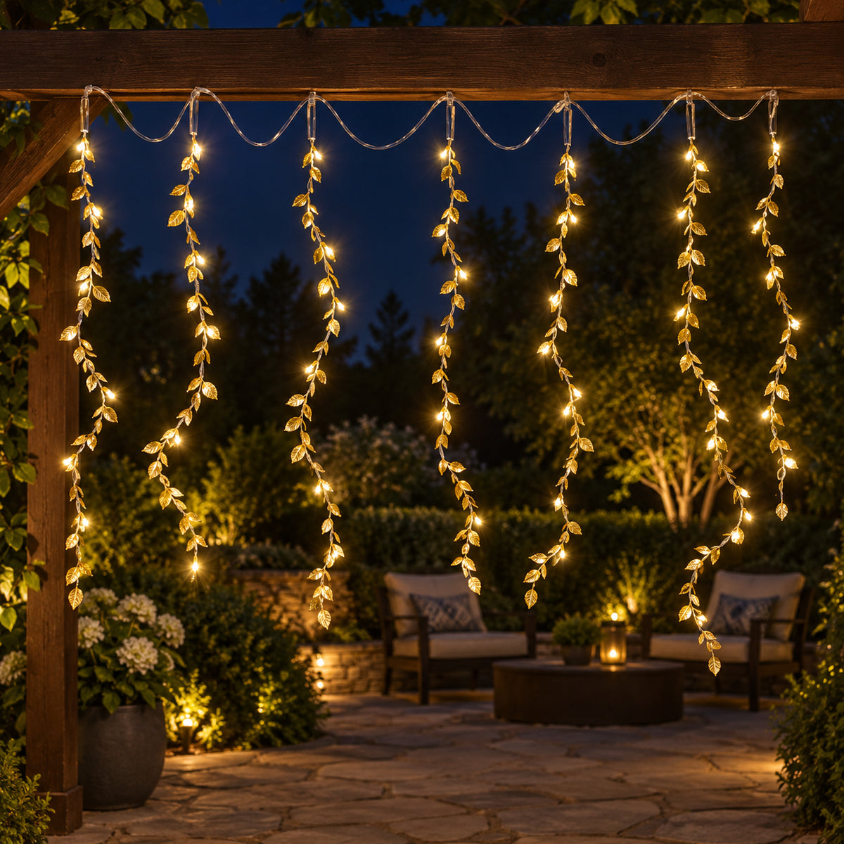 Leaf light strands displayed along a frame