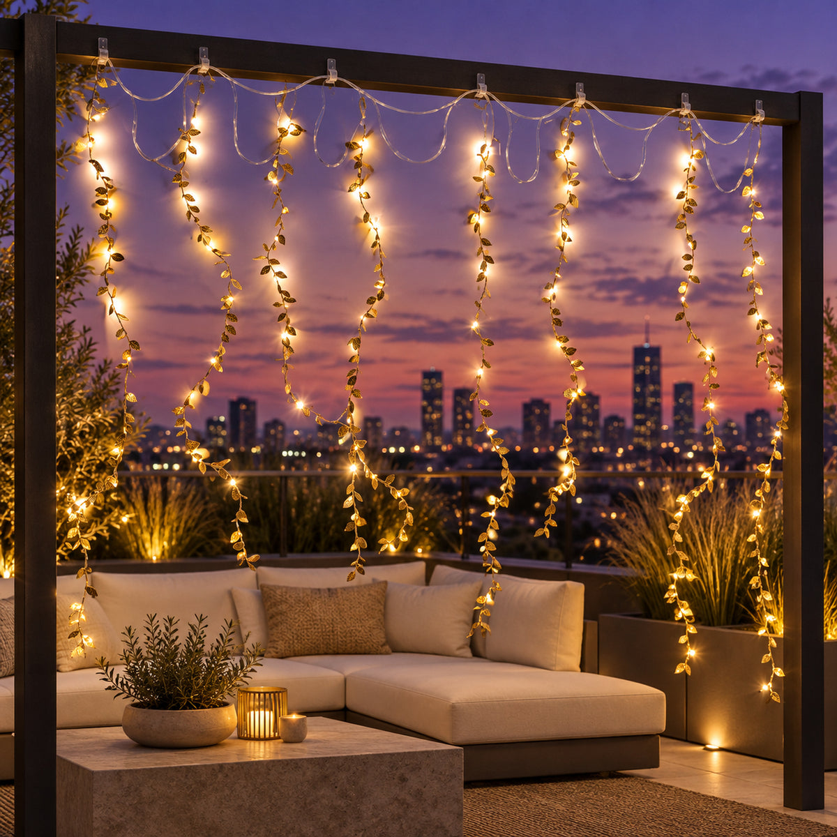 Decorative leaf lights above a seating area