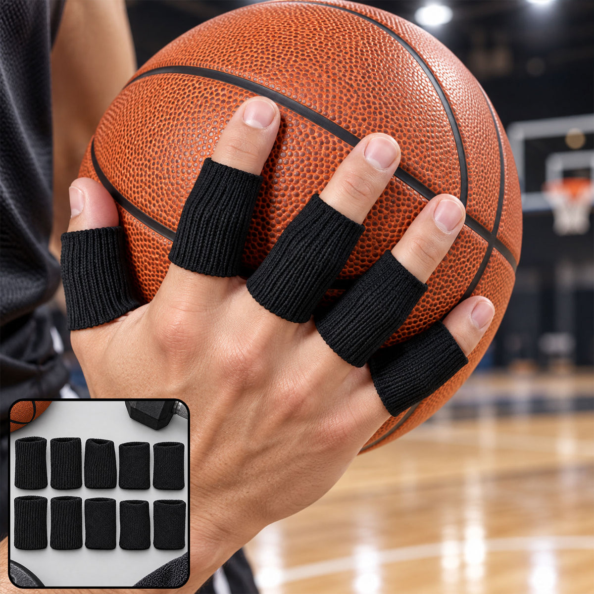 Elastic finger sleeves worn while holding a basketball