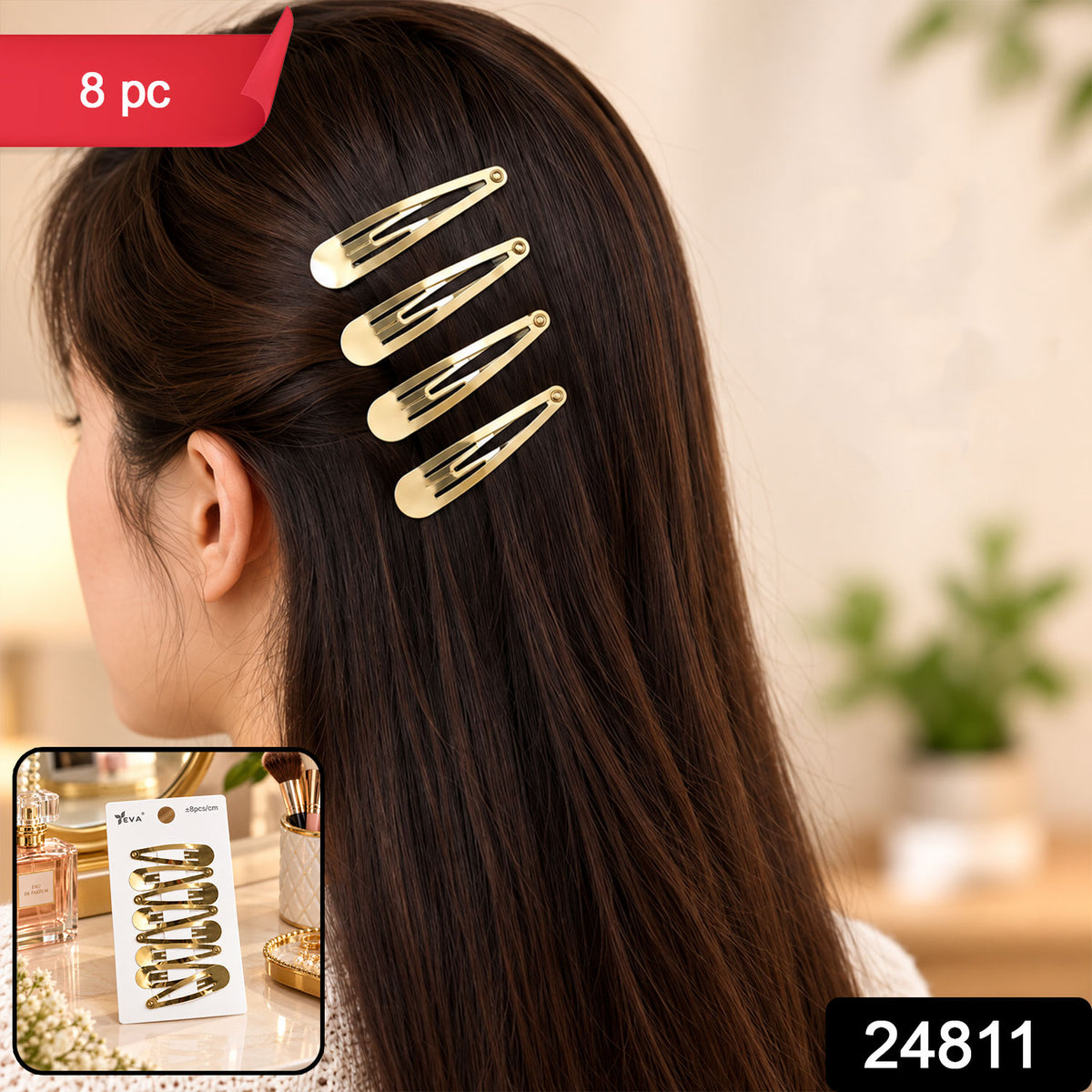 Gold metal hair pins with product code 24811 and 8 Pc label