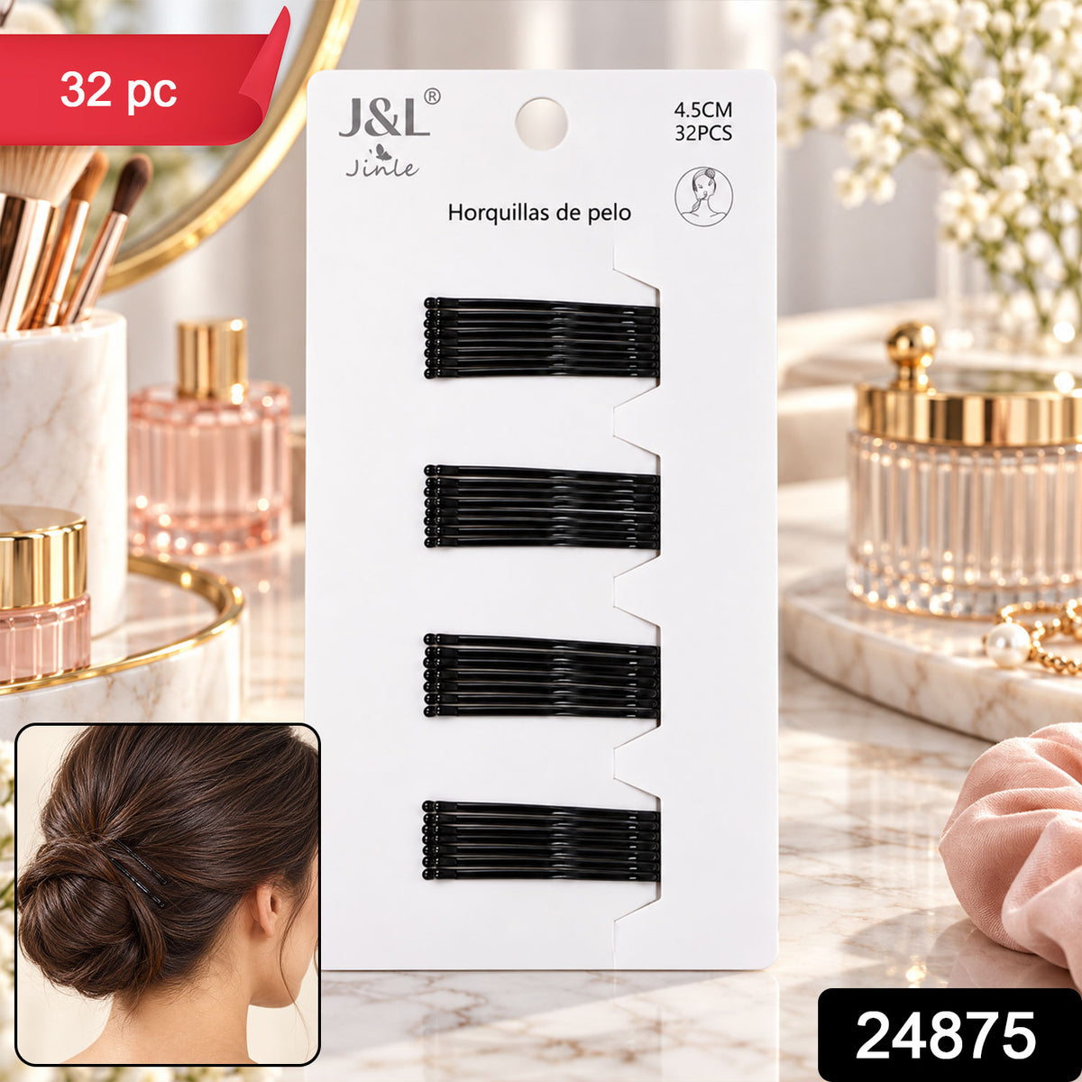 Metal Bobby Hair Pins with Rounded Tips for Buns and Daily Hairdos (32 Pc Set)