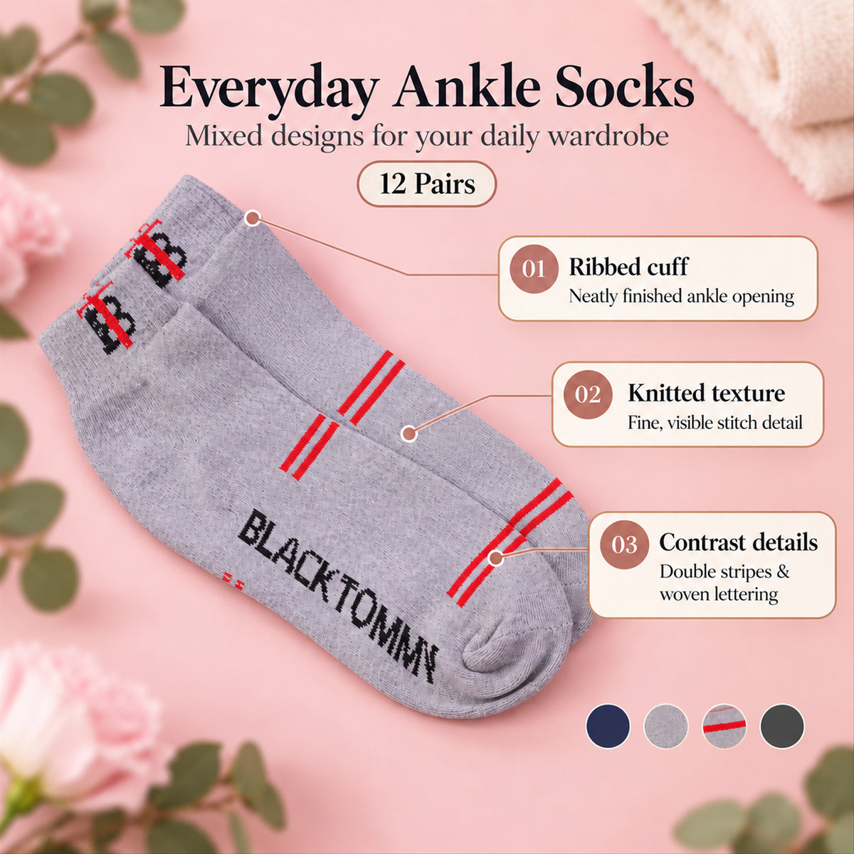 Soft stretchable mixed design ankle socks - knit and cuff features