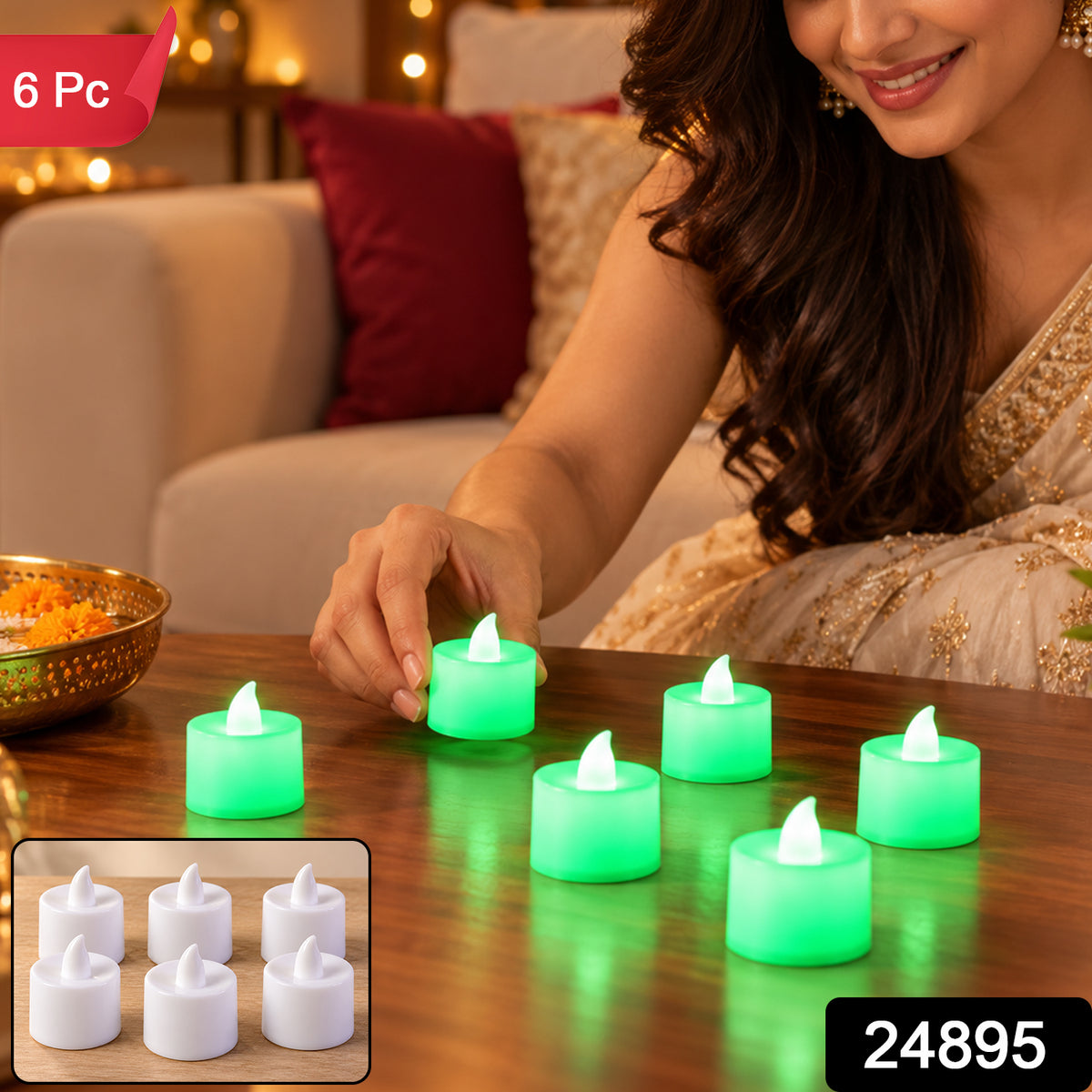 Green flameless LED tealights - 6 Pc set
