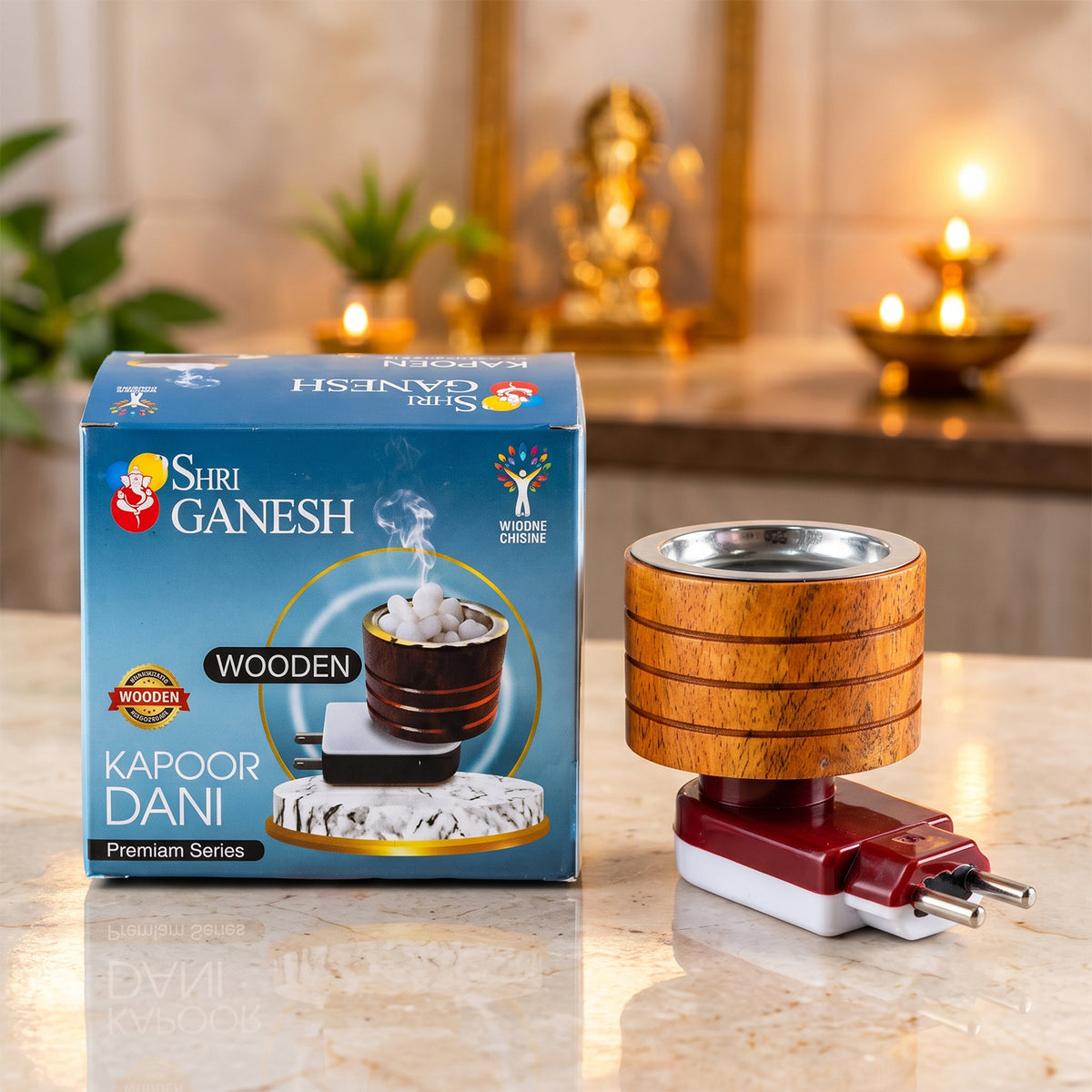 Electric wooden kapoor dani with metal camphor cup, product view 1