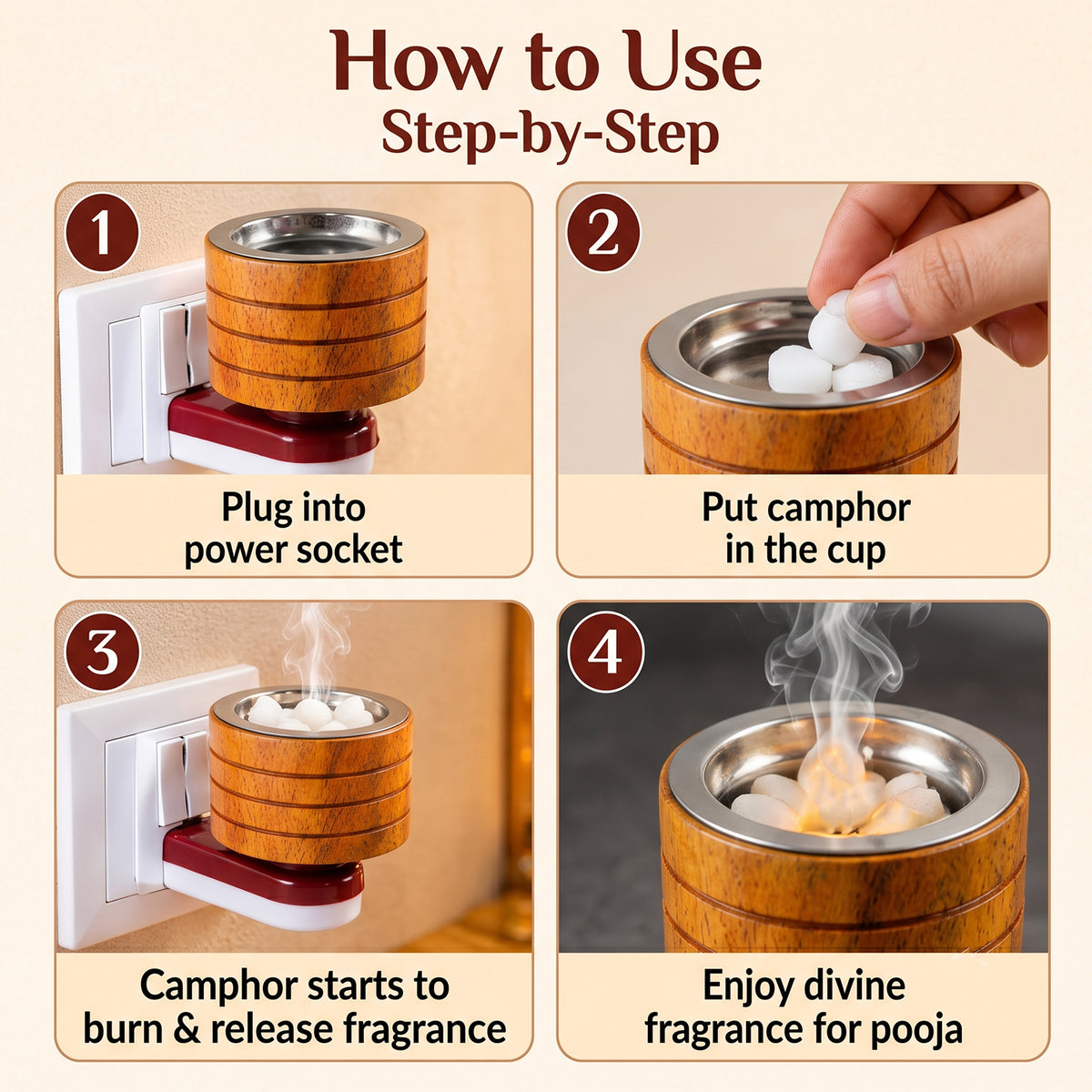 Electric wooden kapoor dani with metal camphor cup, product view 7