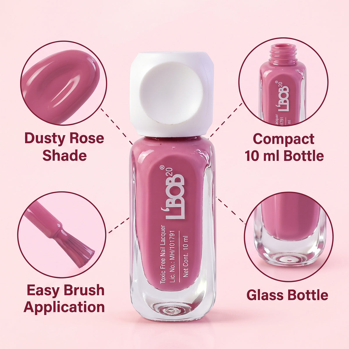 A bottle of mauve nail polish with callouts for its shade, size, bottle type, and brush.