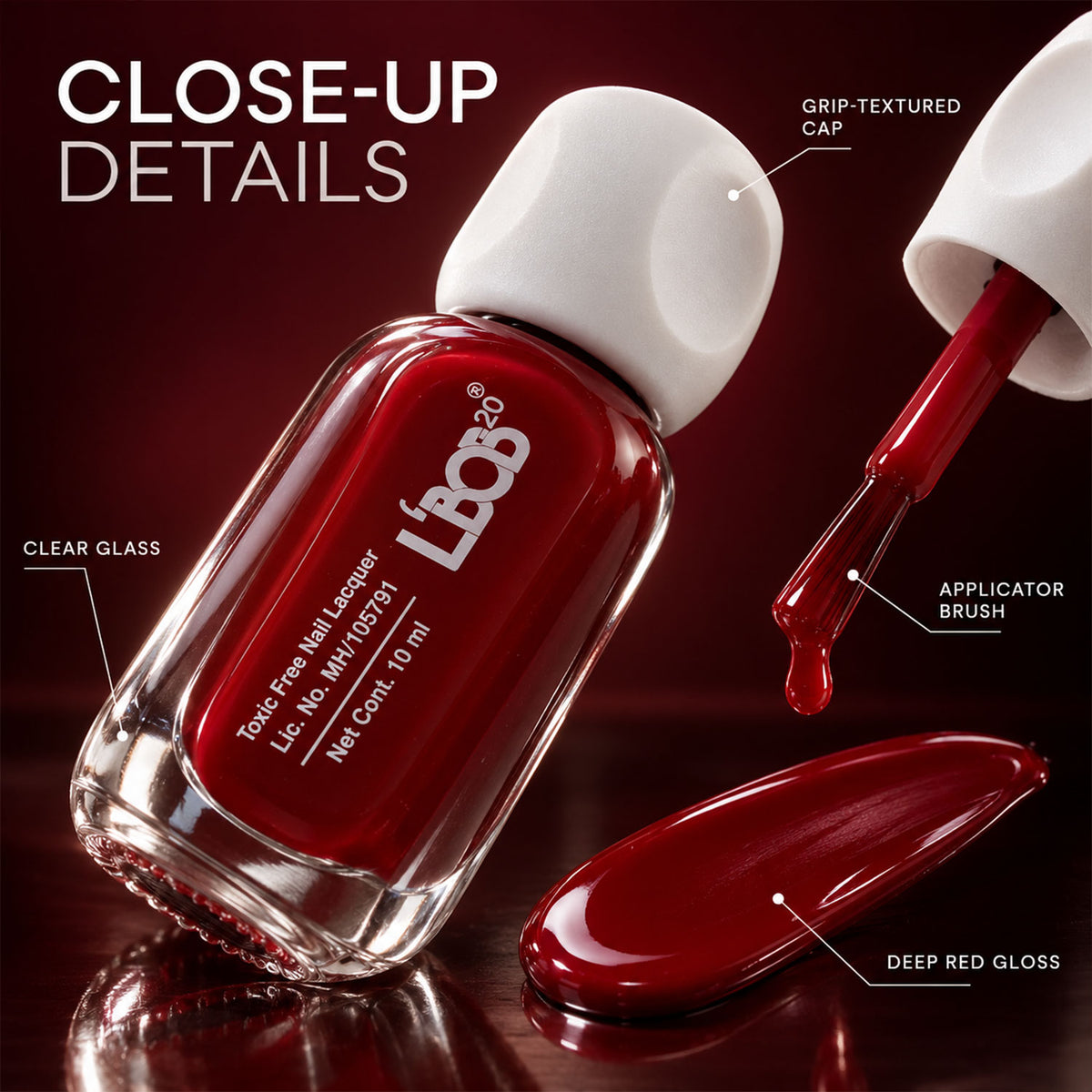 Dark Red glossy nail polish, 10 ML, product detail view 7