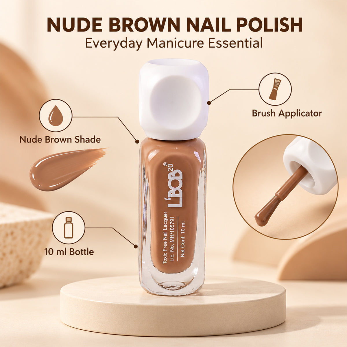 Nude Brown glossy nail polish, 10 ML, product detail view 8