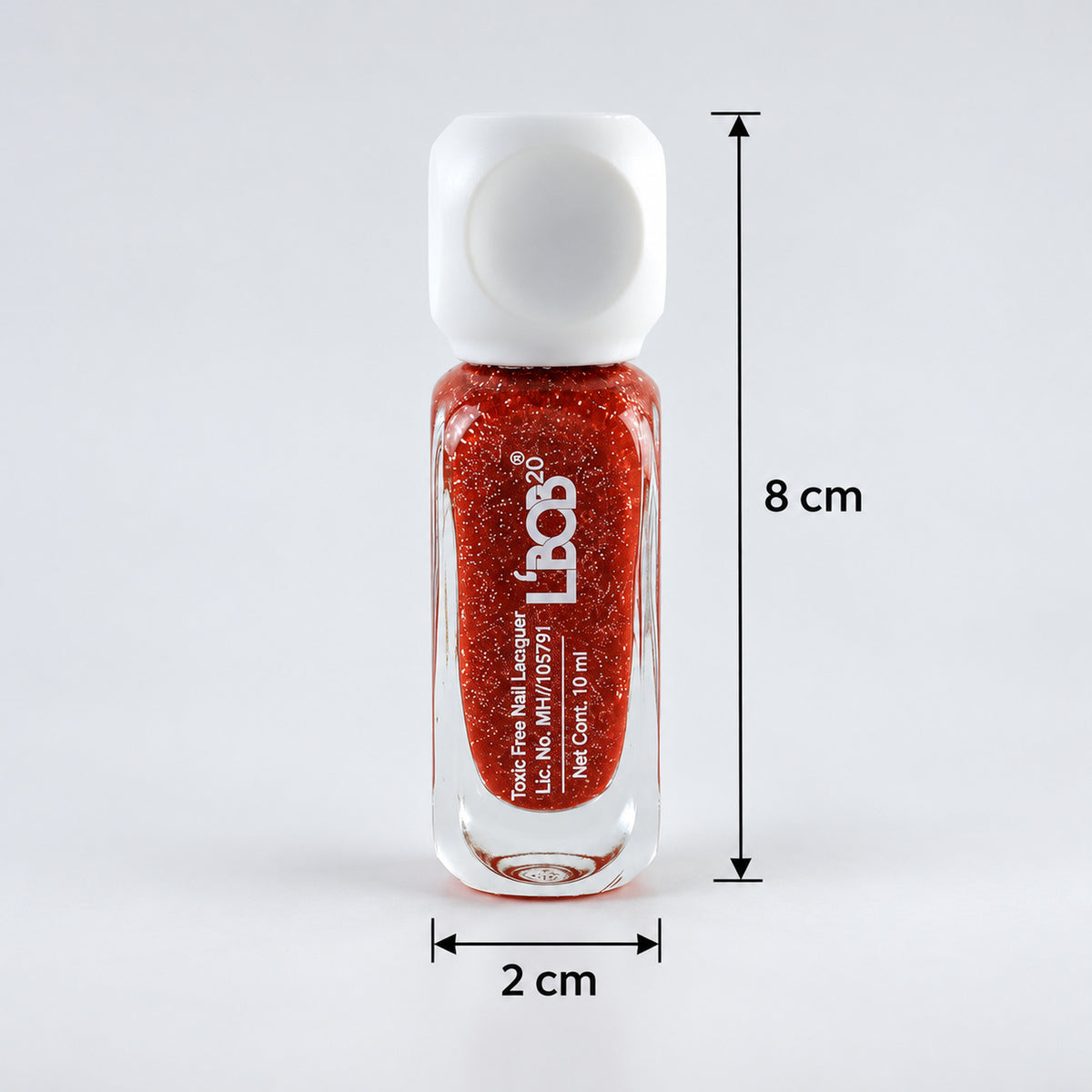 Coral Red glitter nail polish, 10 ML, bottle dimensions