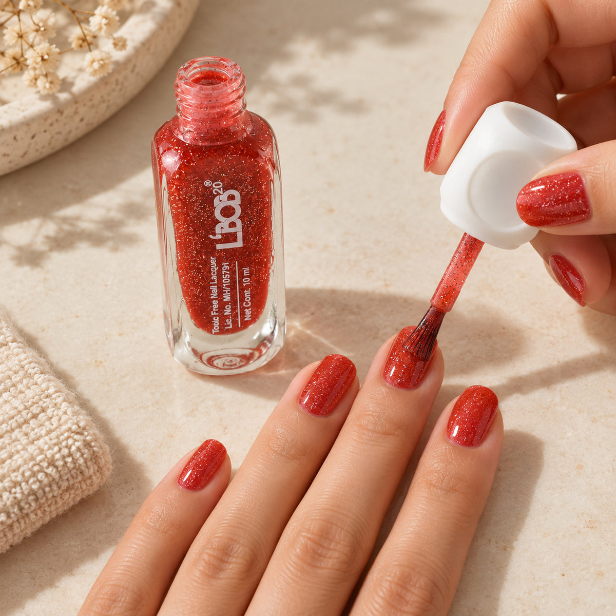 Coral Red glitter nail polish, 10 ML, product detail view 8