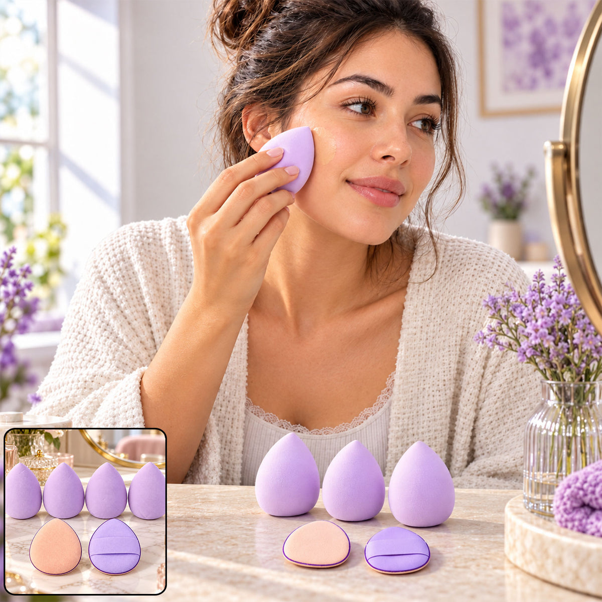 A woman applies makeup with a lavender sponge, with additional sponges and puffs on a marble surface.