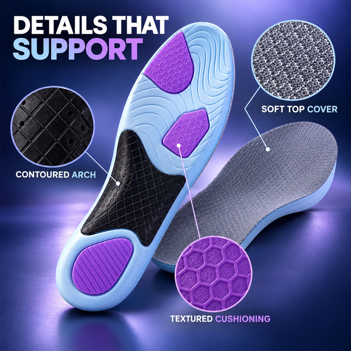 Cushioned insoles support features