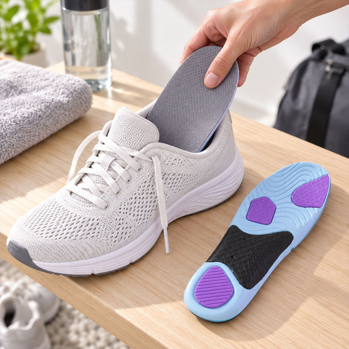Cushioned insole being inserted into shoe