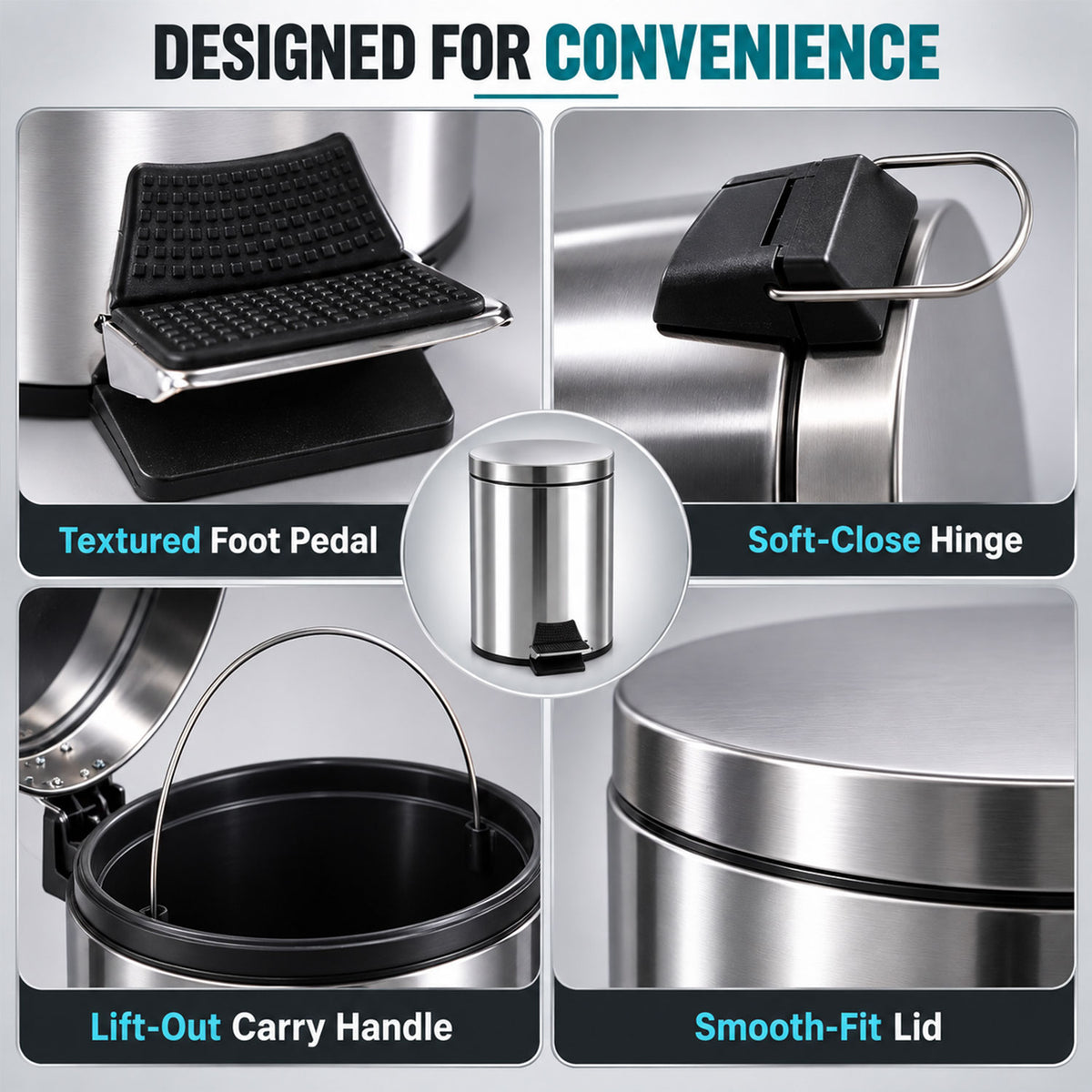 Steel pedal dustbin convenience features