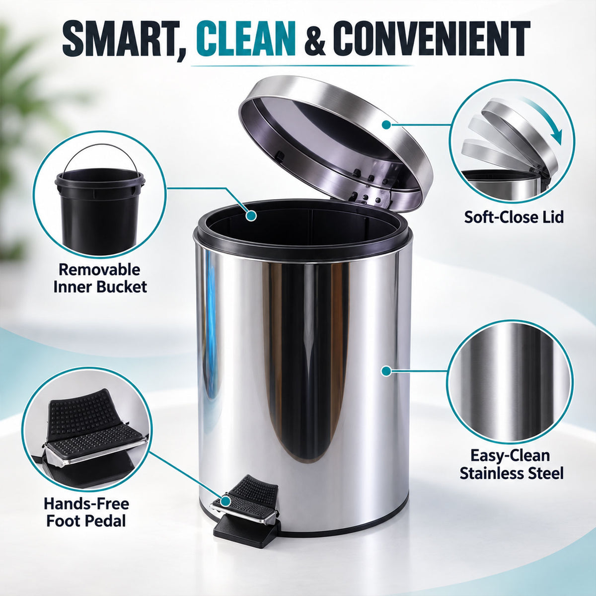 Stainless steel pedal dustbin removable bucket and soft close lid