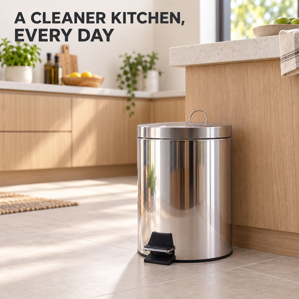 Compact steel pedal bin for kitchen