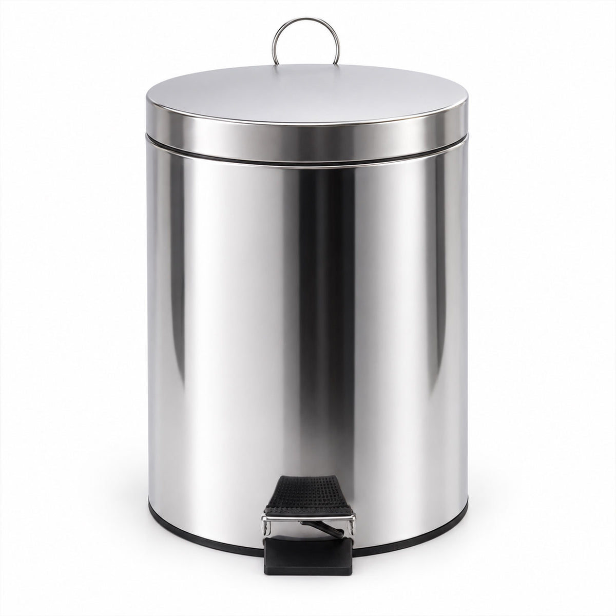 Stainless steel pedal dustbin on white background