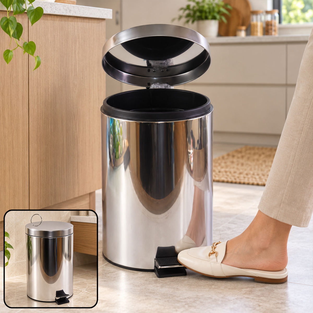 8 litre stainless steel pedal dustbin in kitchen
