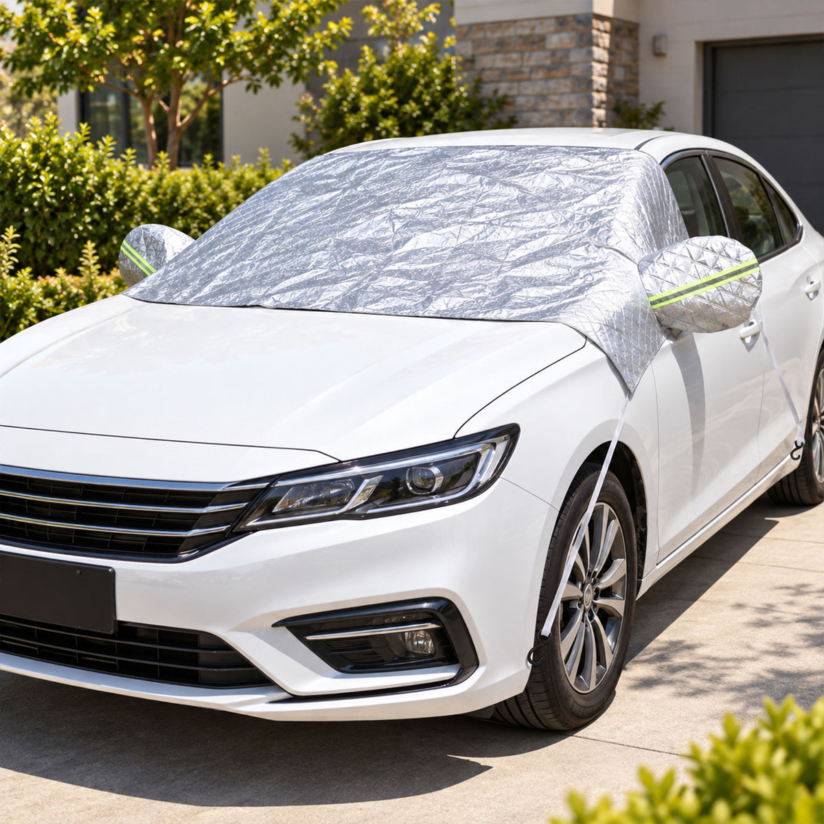 Reflective windshield cover fitted over windshield and mirrors