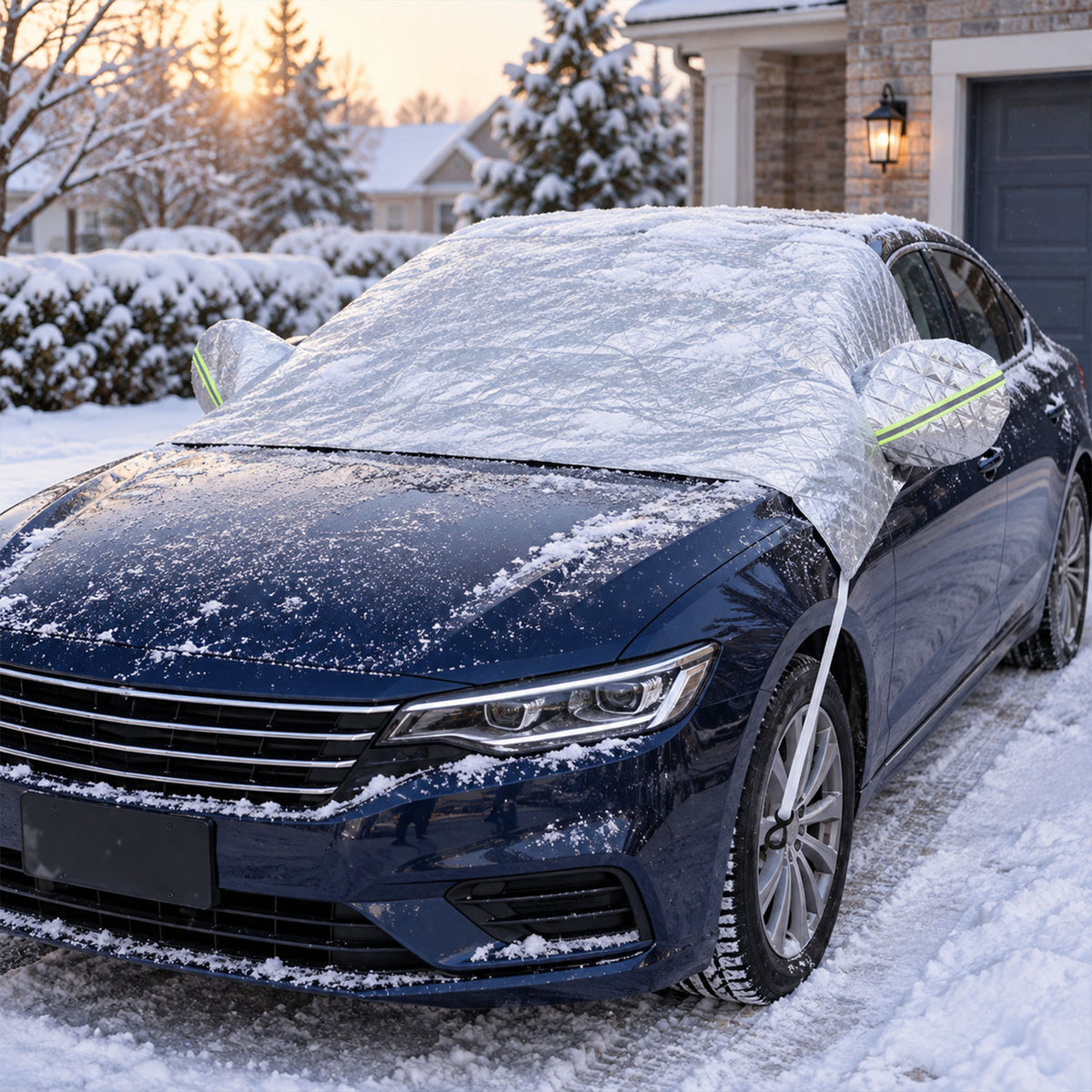 Windshield cover shown on a parked car in winter