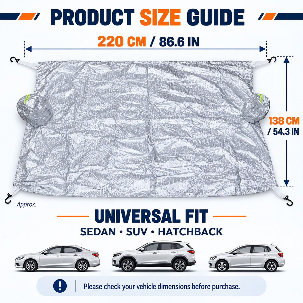 Windshield cover size guide 220 cm by 138 cm