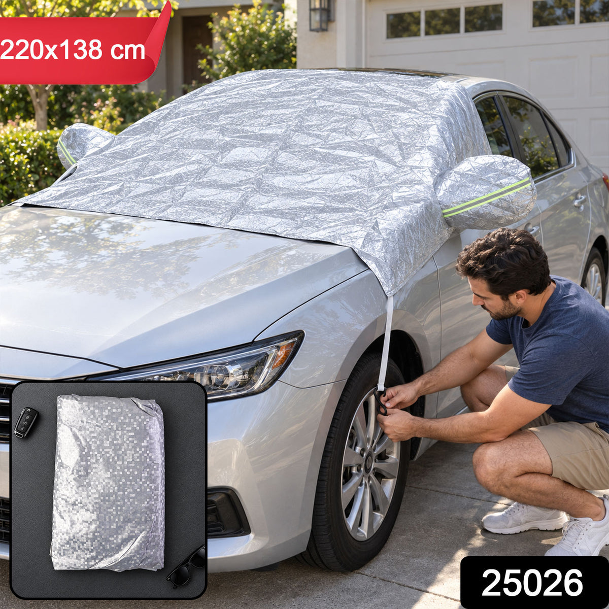 Windshield cover with product code 25026 and 220x138 cm label