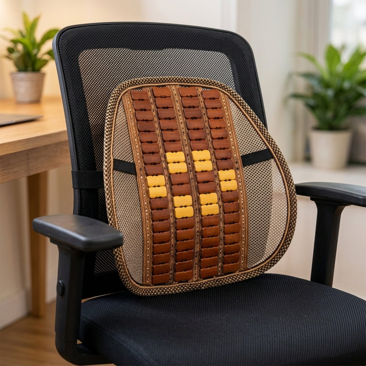 Mesh seat back support with wooden bead panel and securing strap 01