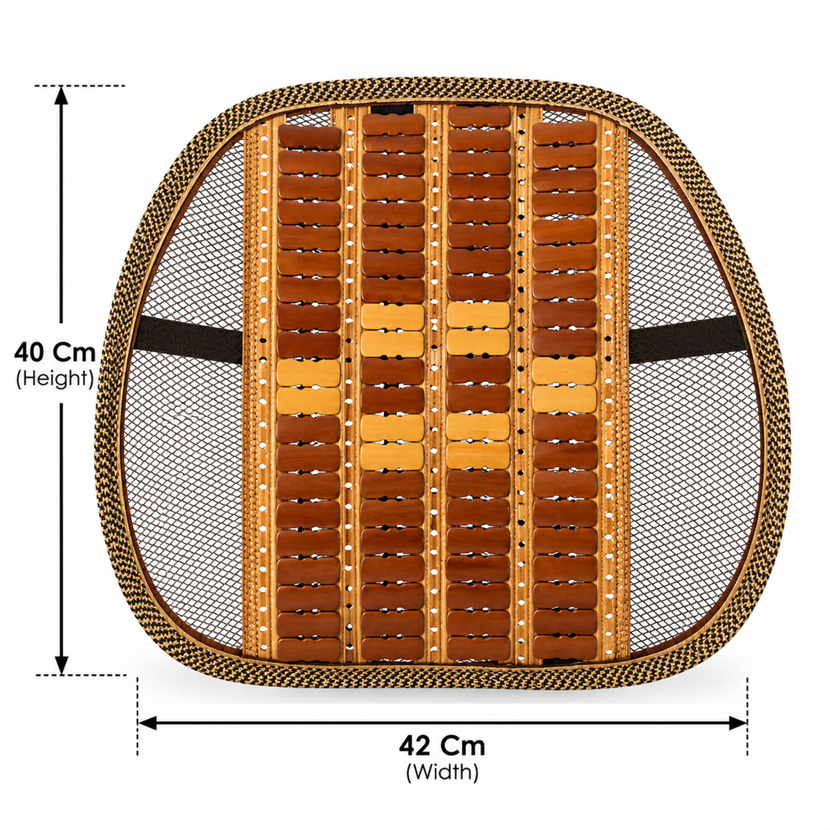 Mesh seat back support with wooden bead panel and securing strap size