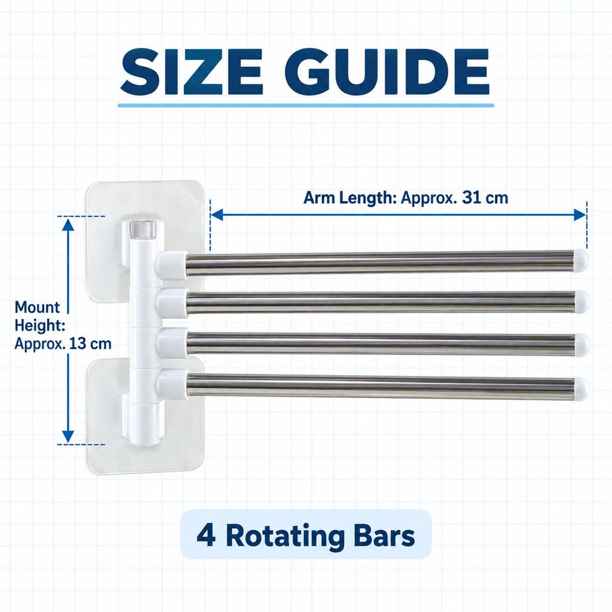 Four bar swivel wall mounted towel rack approximate 31 Cm arms and 13 Cm mount height