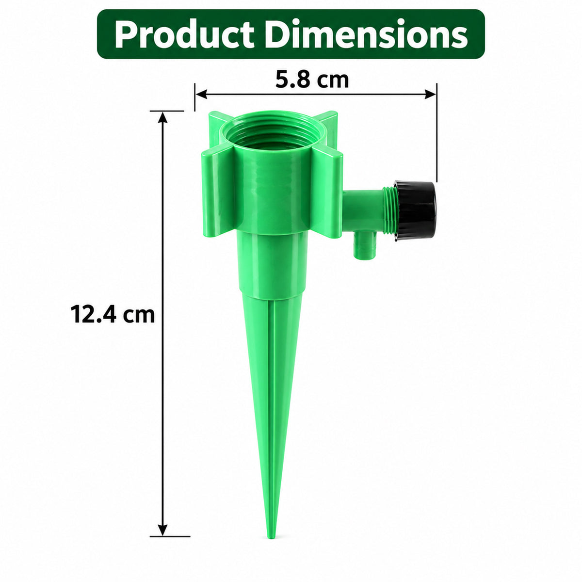 A single green plastic plant watering spike is shown with its dimensions: 12.4 cm in height and 5.8 cm in width.