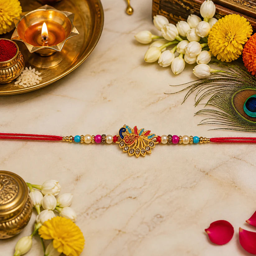 A festive setting featuring the colourful Peacock Rakhi.