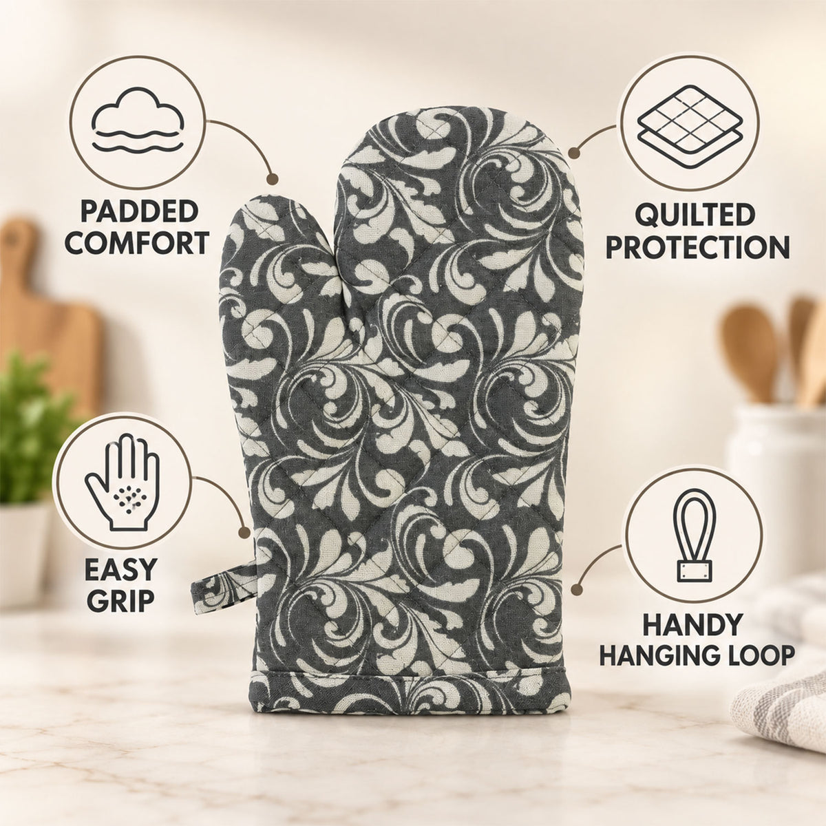 Floral quilted oven hand glove - glove features