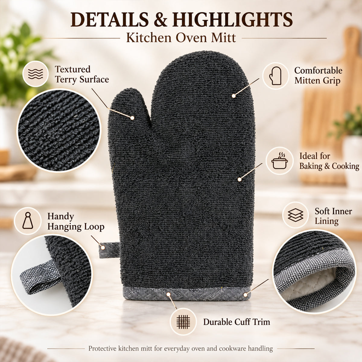 Black textured oven hand glove - texture and lining details