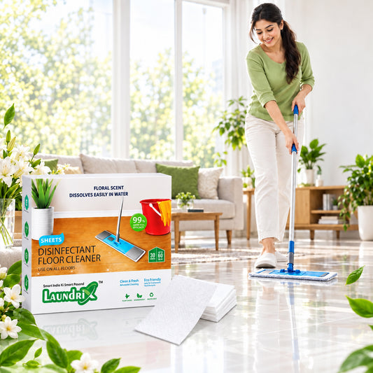 A woman mops a shiny floor in a bright living room, with a box of cleaner sheets and white sheets in the foreground.